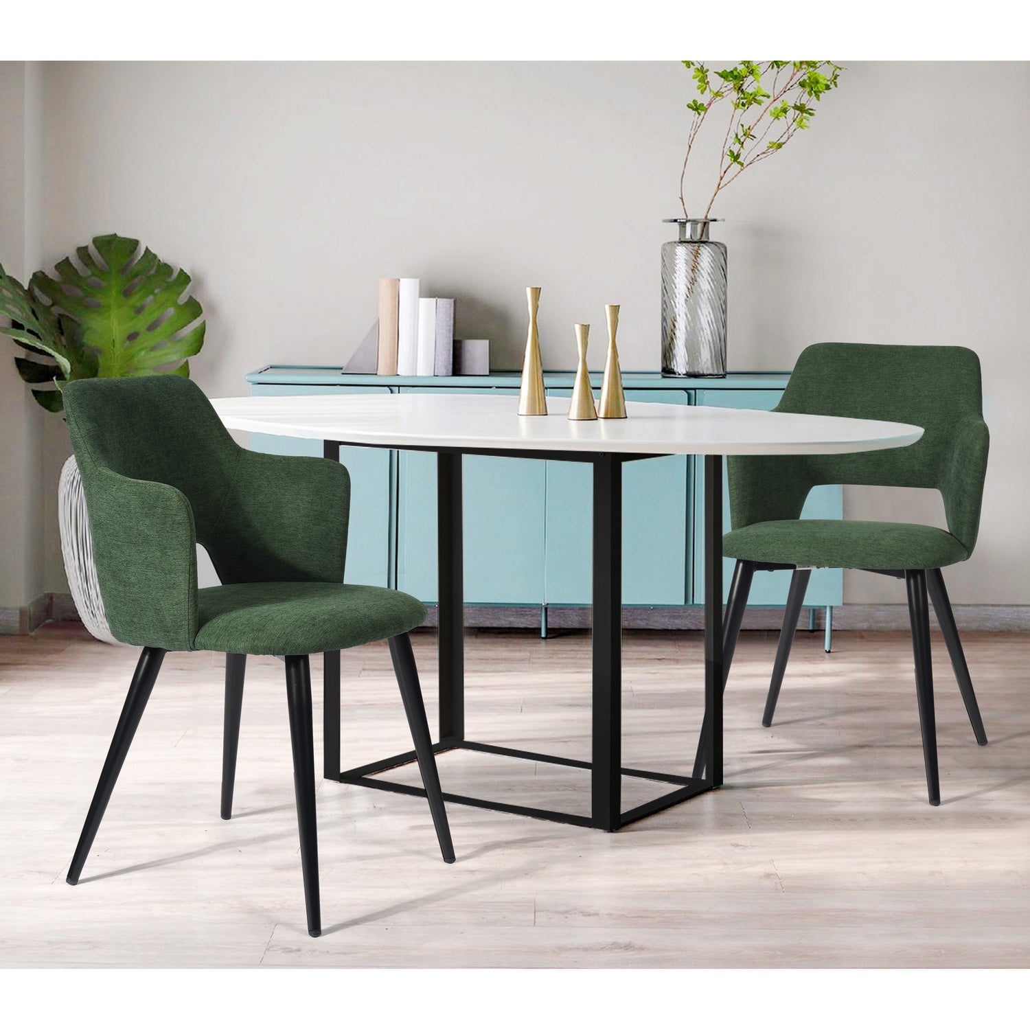 Set of 6 Scandinavian dining room chairs in green fabric, AKANJI GREEN 6PCS