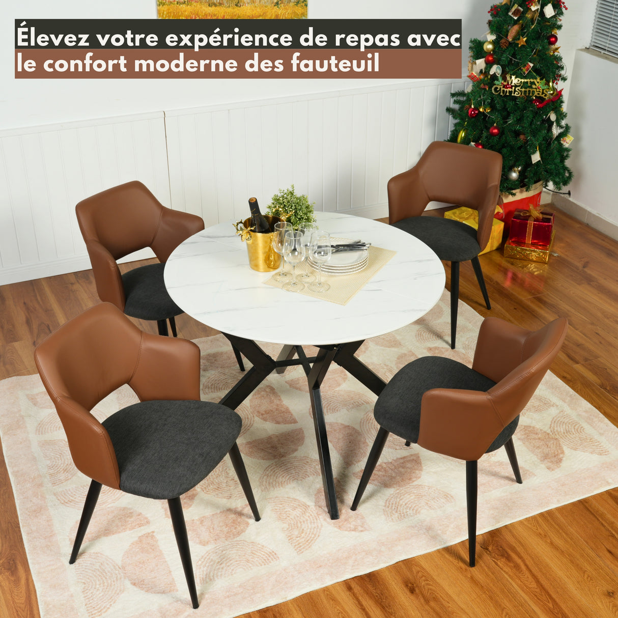 Lot de 2 chaises industrielles de salle à manger avec accoudoirs, siège rembourré en similicuir PU marron et tissu gris, AKANJI 2PCS PU BACK