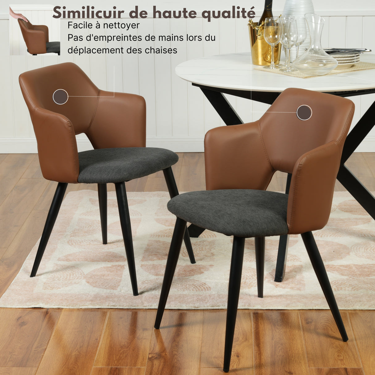 Lot de 2 chaises industrielles de salle à manger avec accoudoirs, siège rembourré en similicuir PU marron et tissu gris, AKANJI 2PCS PU BACK