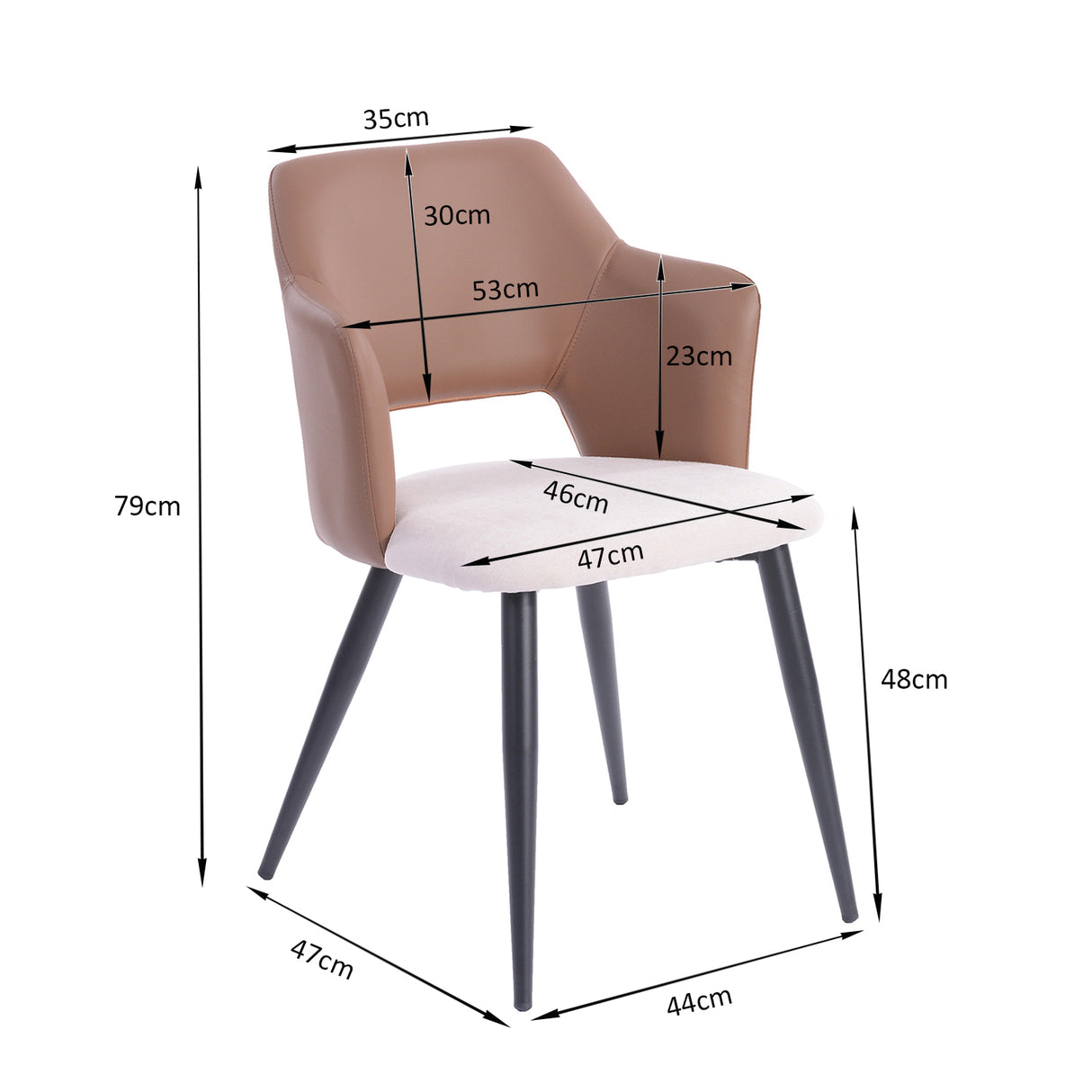 Set di 2 sedie da pranzo industriali con braccioli, seduta imbottita in similpelle PU marrone e tessuto beige chiaro, AKANJI 2PCS PU LIGHT