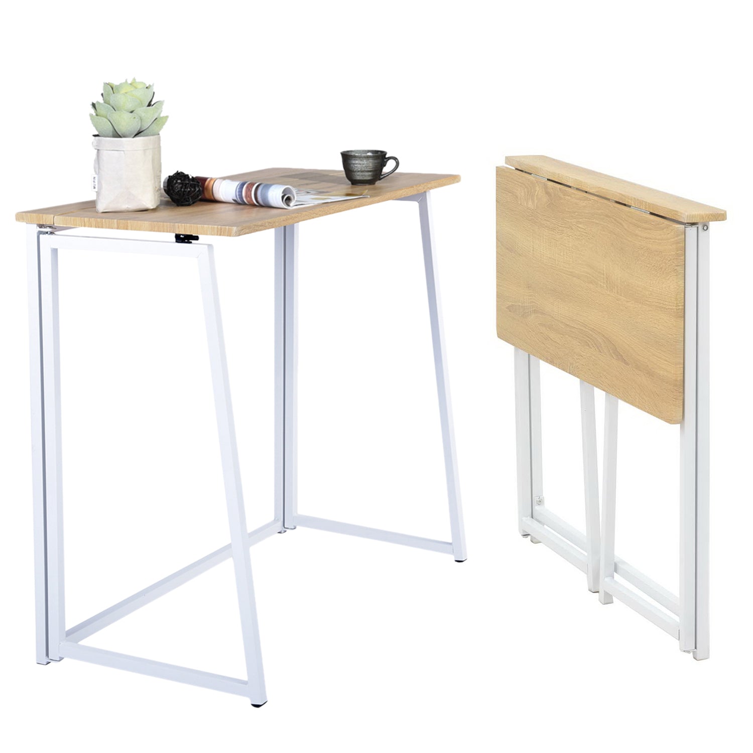 Bureau/table d'ordinateur industriel pliable en bois de chêne et en métal blanc - ASCOLI