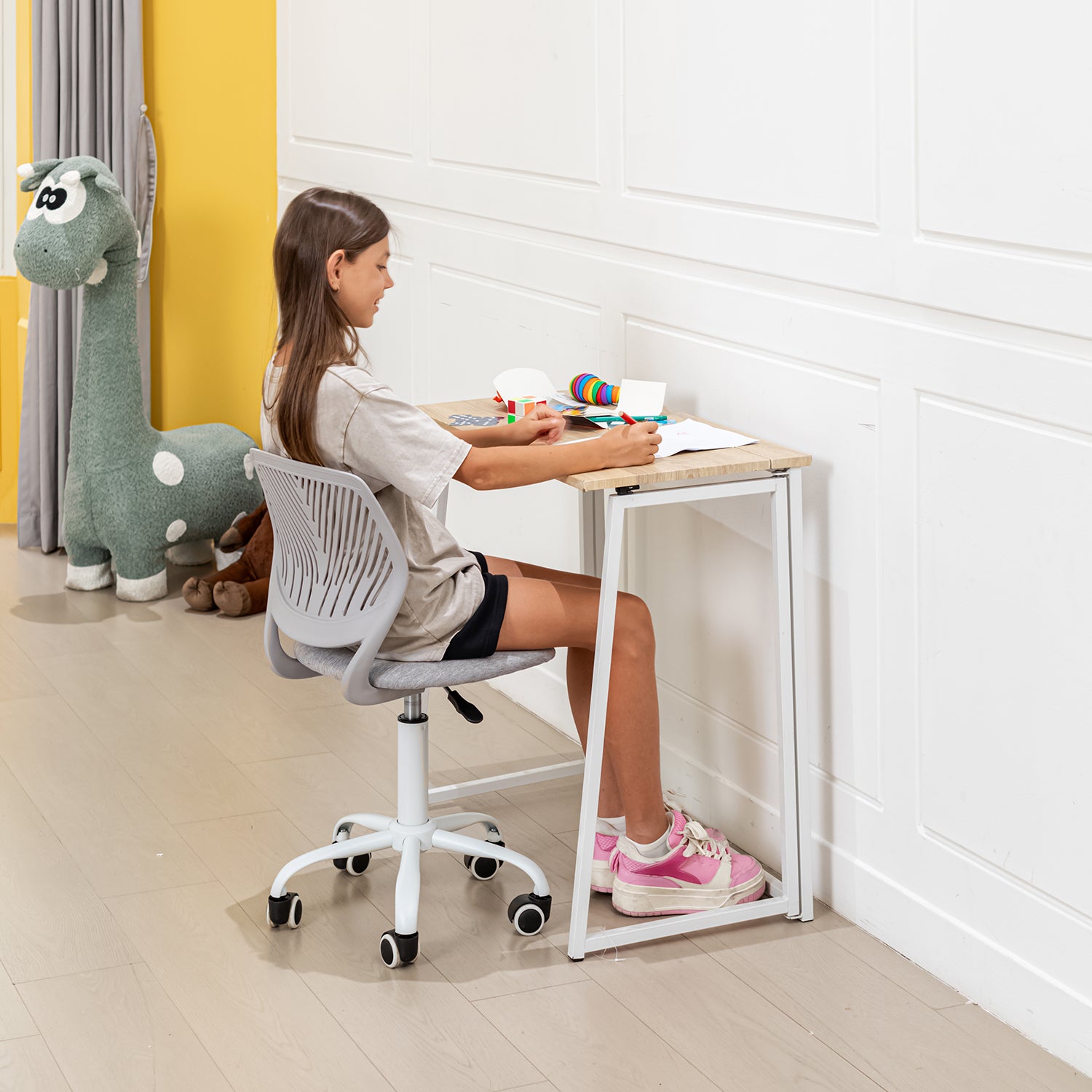 Foldable oak wood desk/computer table with white metal legs - ASCOLI OAK