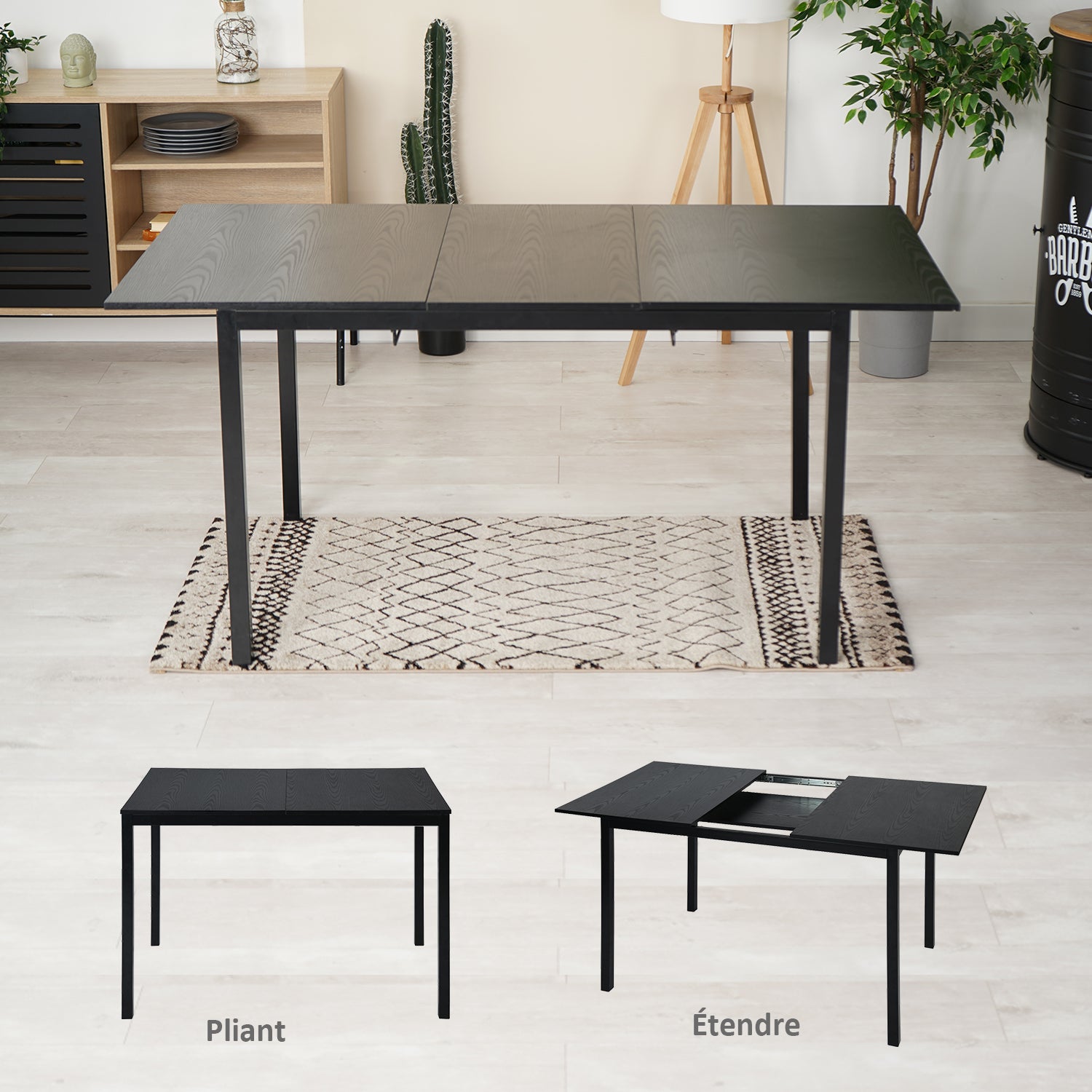 Industrial extendable dining room table for 4 to 6 people in black MDF wood, black metal legs - BARI BLACK DD