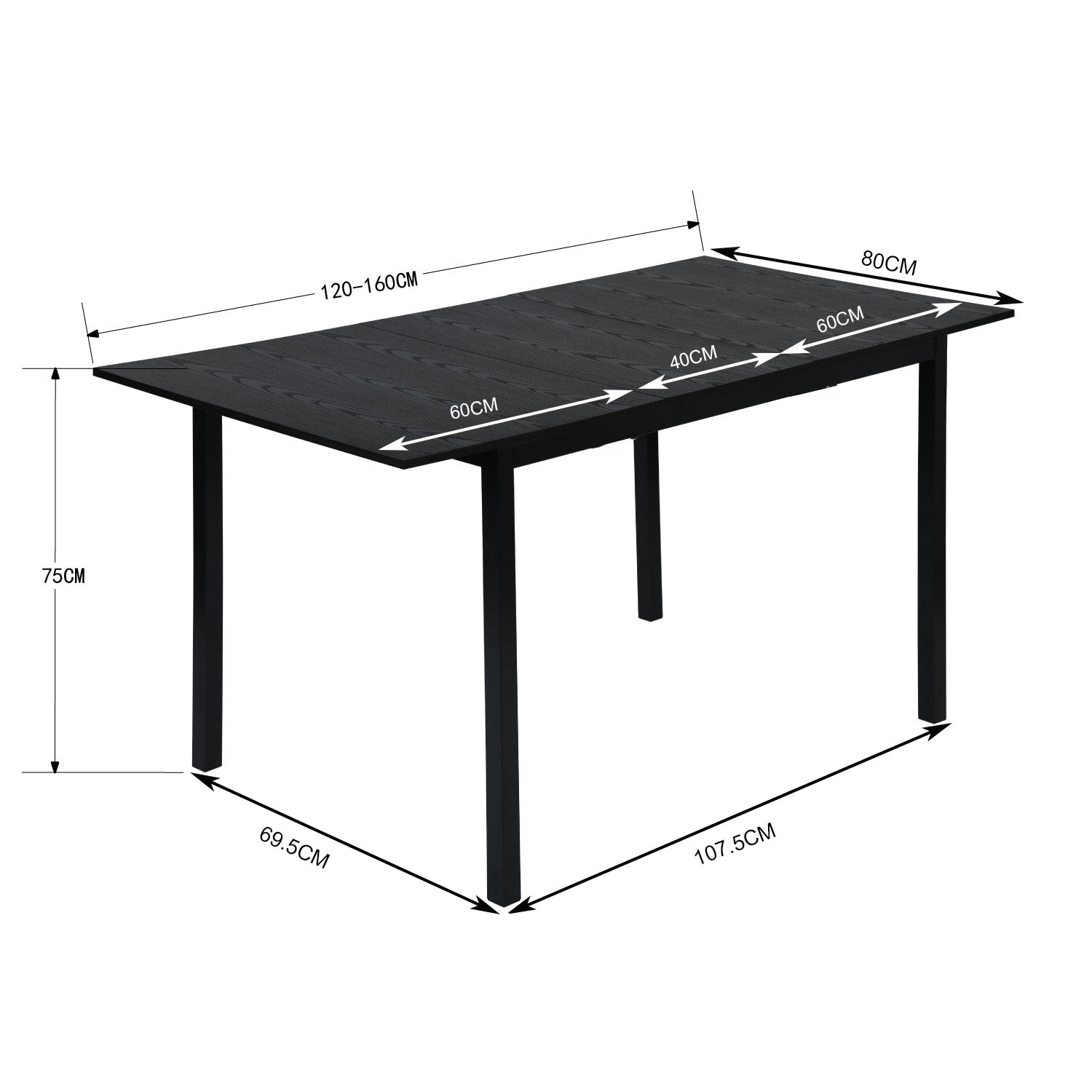 Industrial extendable dining room table for 4 to 6 people in black MDF wood, black metal legs - BARI BLACK DD