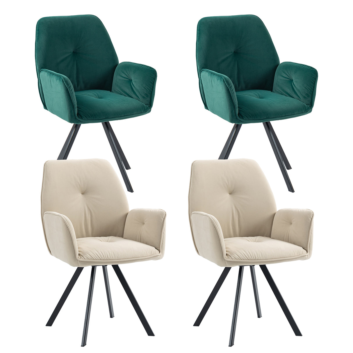 Set of 4 comfortable dining room chairs in beige and green fabric with armrests - CALF GREEN+BEIGE