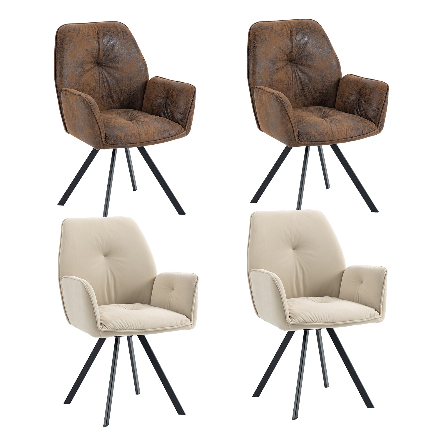 Set of 4 comfortable dining room chairs in beige fabric and suede with armrests - CALF SUEDE+BEIGE