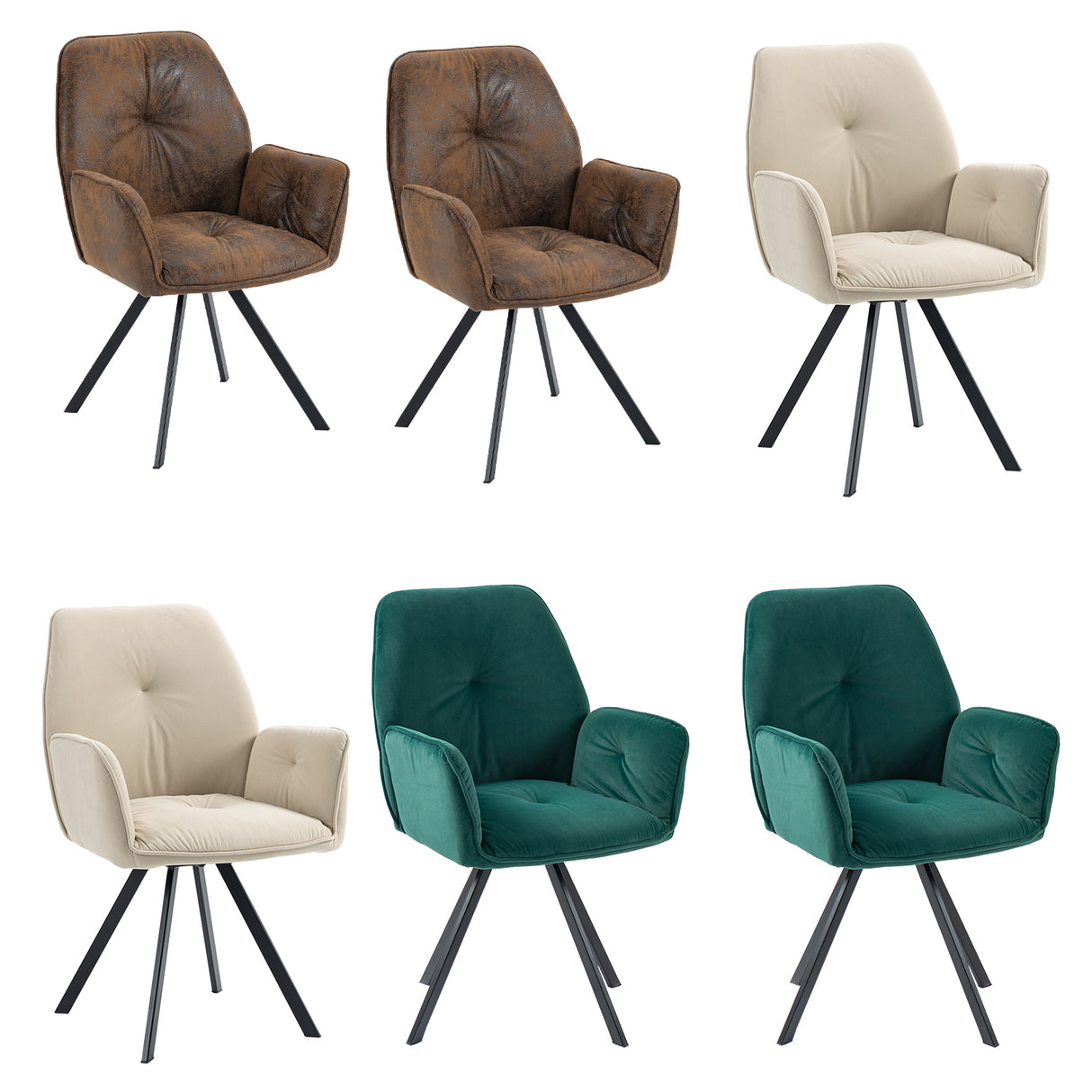 Ensemble de 6 chaises de salle à manger confortables en tissu beige, vert et suédine avec accoudoirs - CALF SUEDE+BEIGE+GREEN