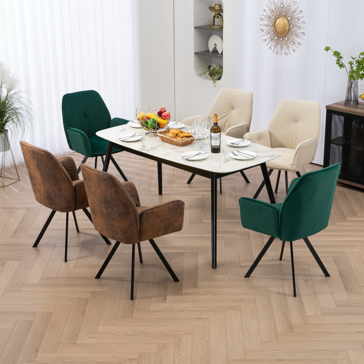 Set of 6 comfortable dining room chairs in beige, green and suede fabric with armrests - CALF SUEDE+BEIGE+GREEN