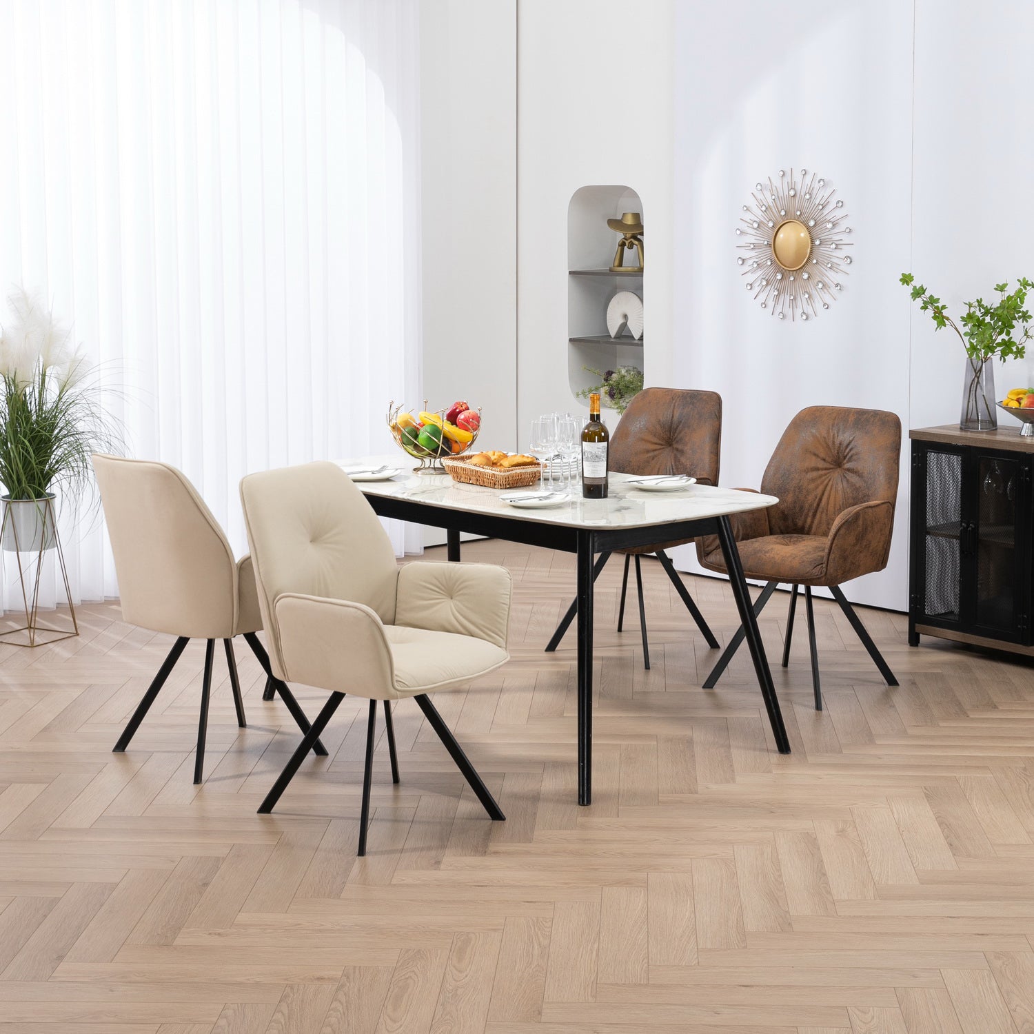 Set di 4 comode sedie da pranzo in tessuto beige e pelle scamosciata con braccioli - CALF SUEDE+BEIGE