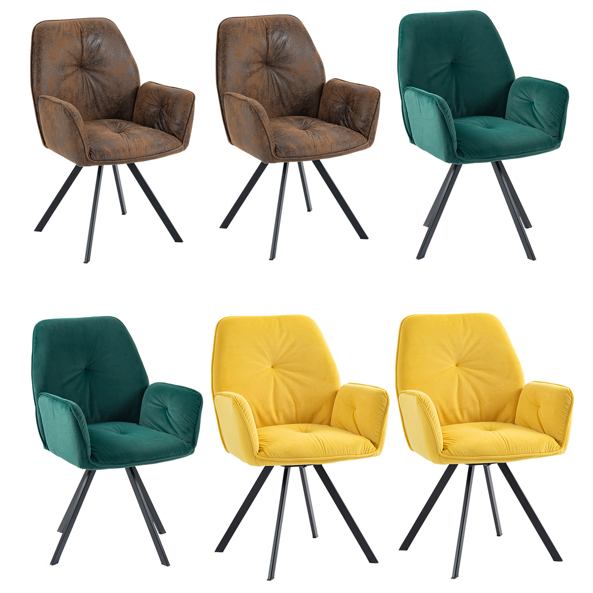 Ensemble de 6 chaises de salle à manger confortables en tissu jaune, vert et suédine avec accoudoirs - CALF SUEDE+GREEN+YELLOW