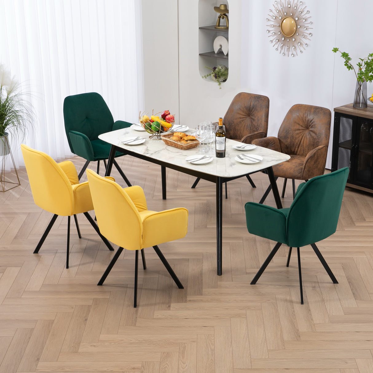 Ensemble de 6 chaises de salle à manger confortables en tissu jaune, vert et suédine avec accoudoirs - CALF SUEDE+GREEN+YELLOW