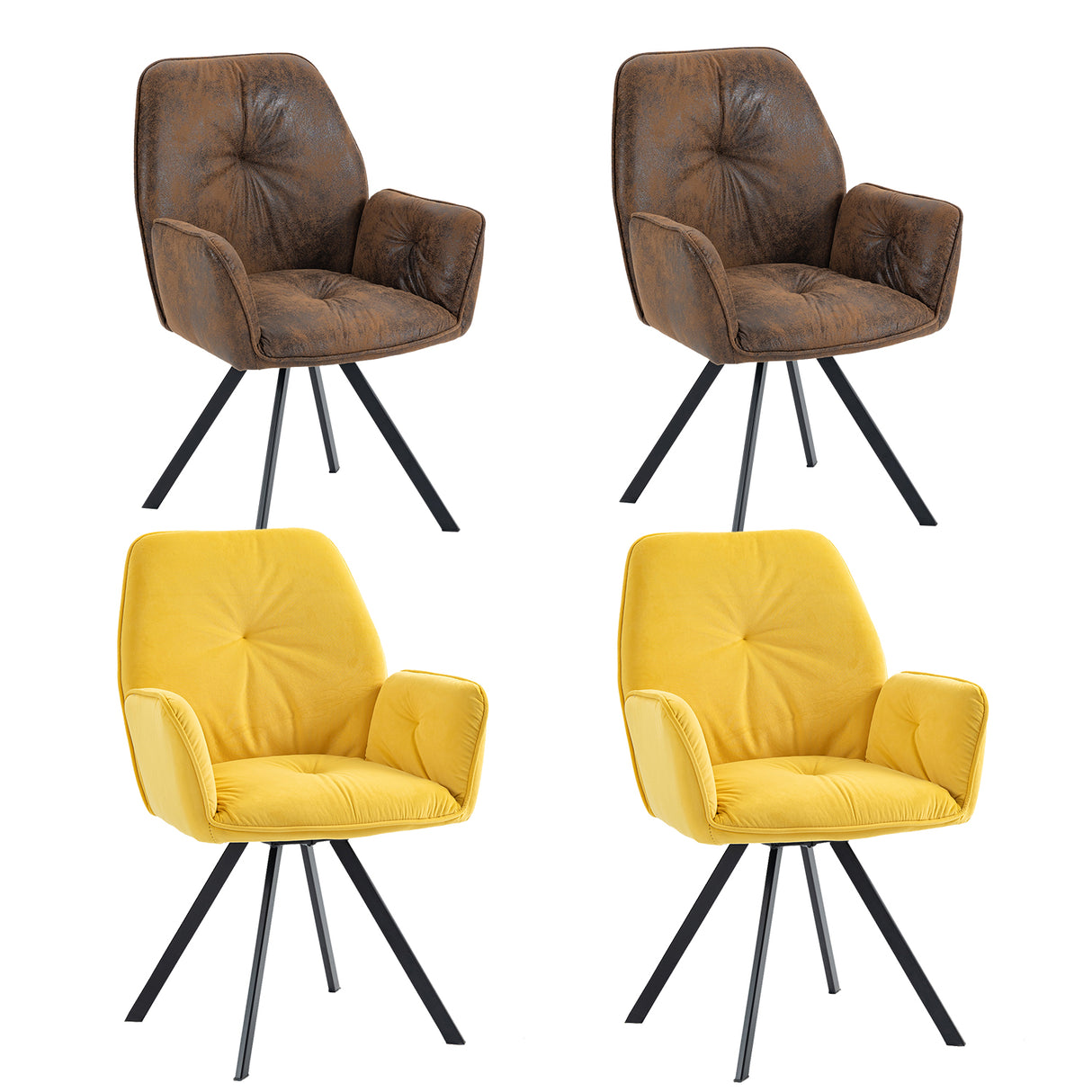 Set of 4 comfortable yellow fabric and suede dining chairs with armrests - CALF SUEDE+YELLOW