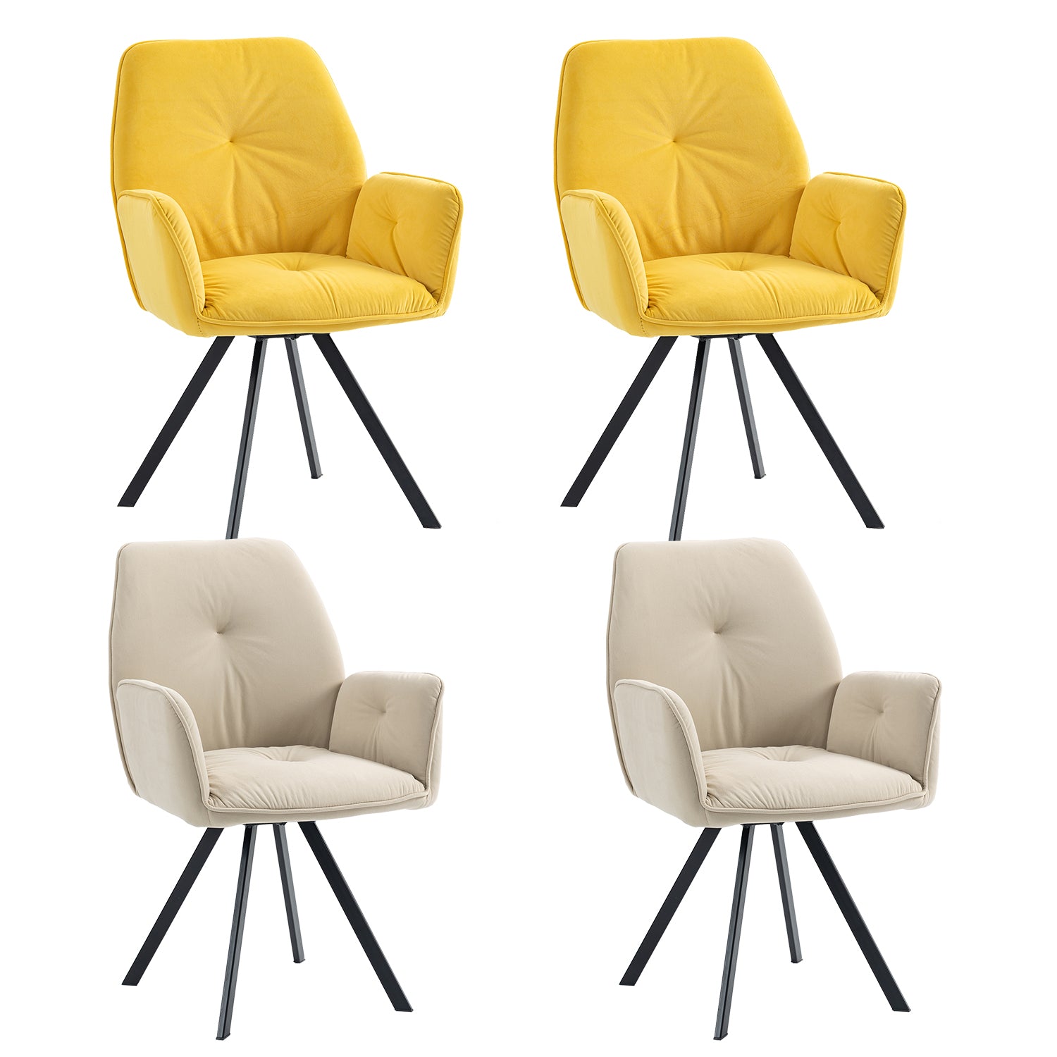 Set of 4 comfortable dining room chairs in beige and yellow fabric with armrests - CALF YELLOW+BEIGE