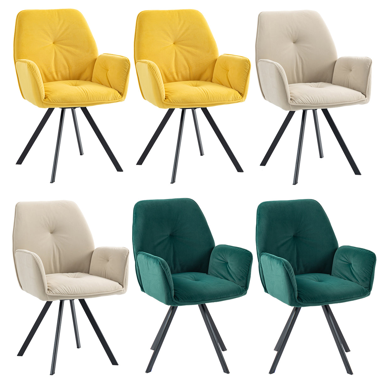 Ensemble de 6 chaises de salle à manger confortables en tissu beige, vert et jaune avec accoudoirs - CALF YELLOW+BEIGE+GREEN