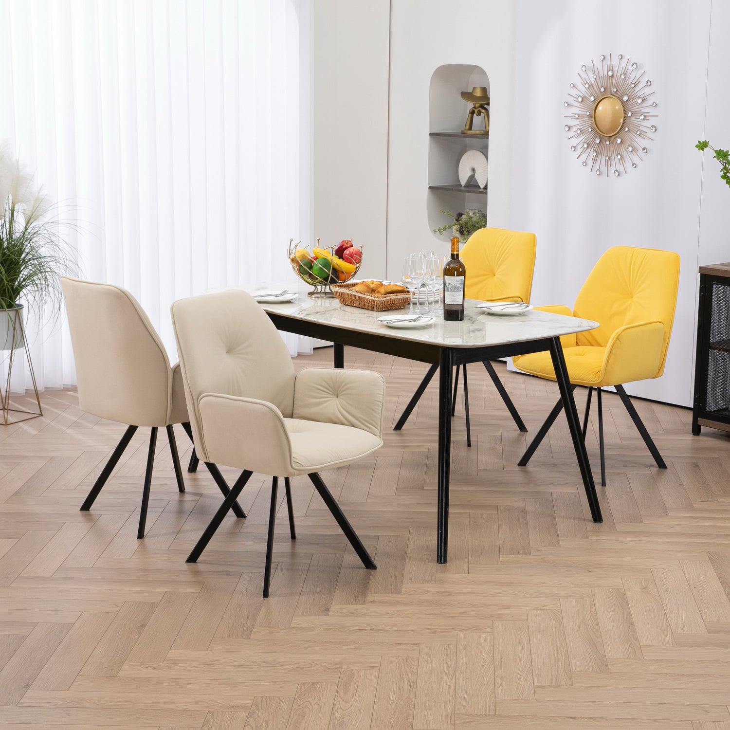 Set of 4 comfortable dining room chairs in beige and yellow fabric with armrests - CALF YELLOW+BEIGE