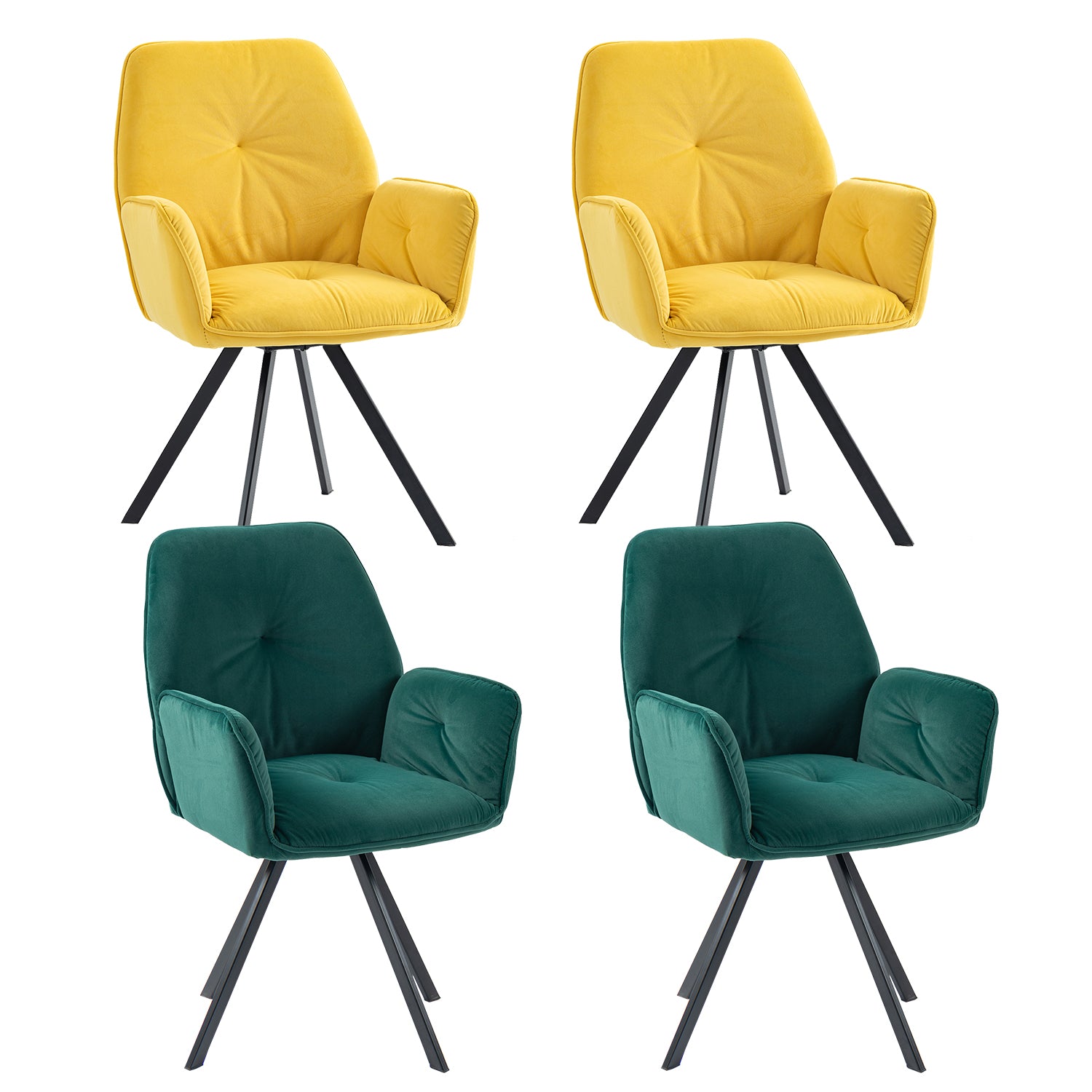 Set of 4 Comfortable Yellow and Green Fabric Dining Chairs with Arms - CALF YELLOW+GREEN