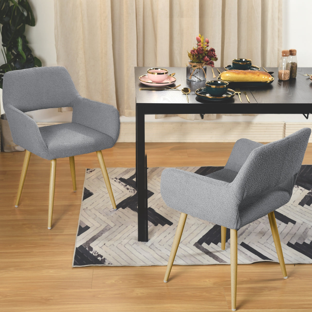 Lot de 2 chaises de salle à manger scandinaves avec accoudoirs en tissu bouclette gris - CROMWELL BOUCLE LIGHT GREY