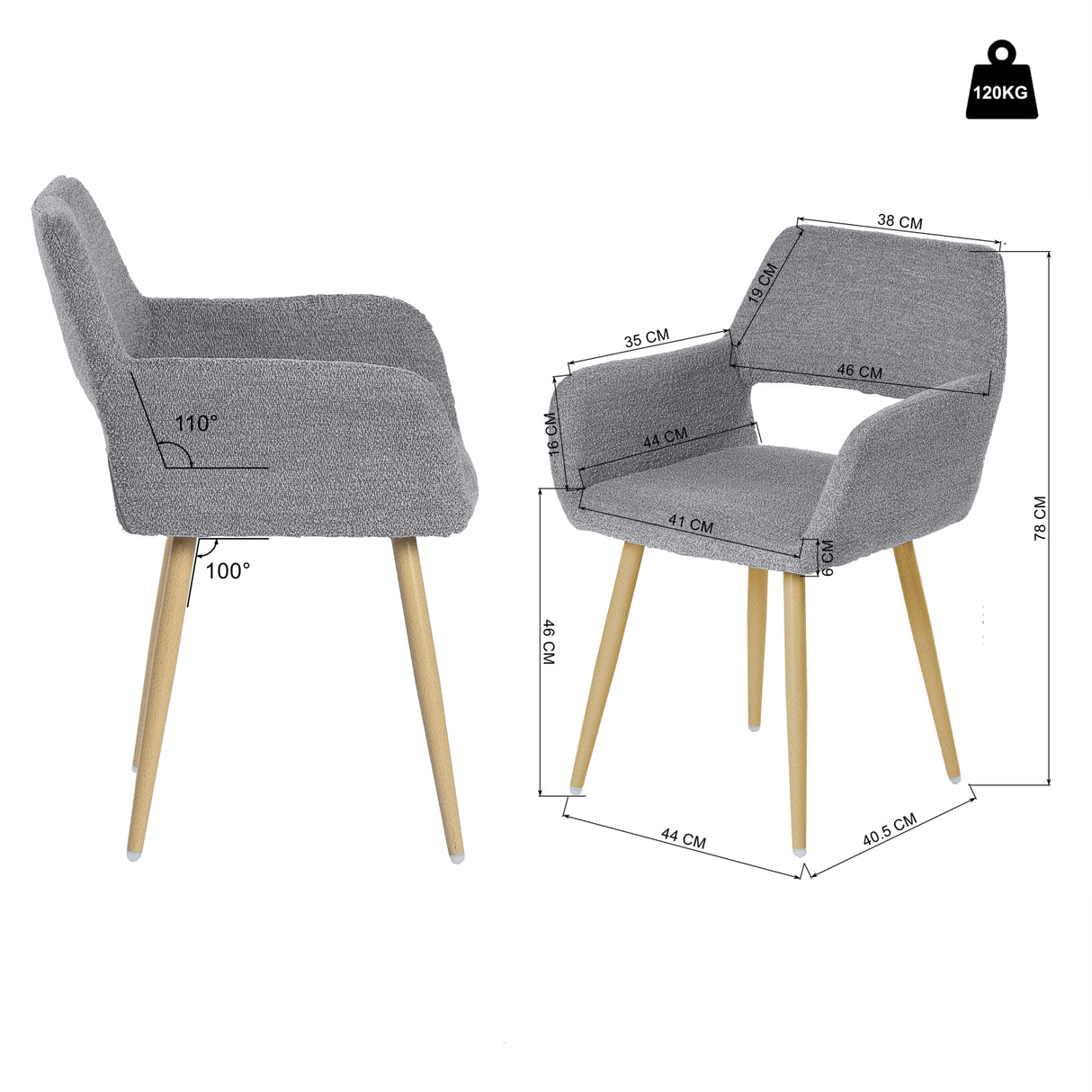 Lot de 2 chaises de salle à manger scandinaves avec accoudoirs en tissu bouclette gris - CROMWELL BOUCLE LIGHT GREY