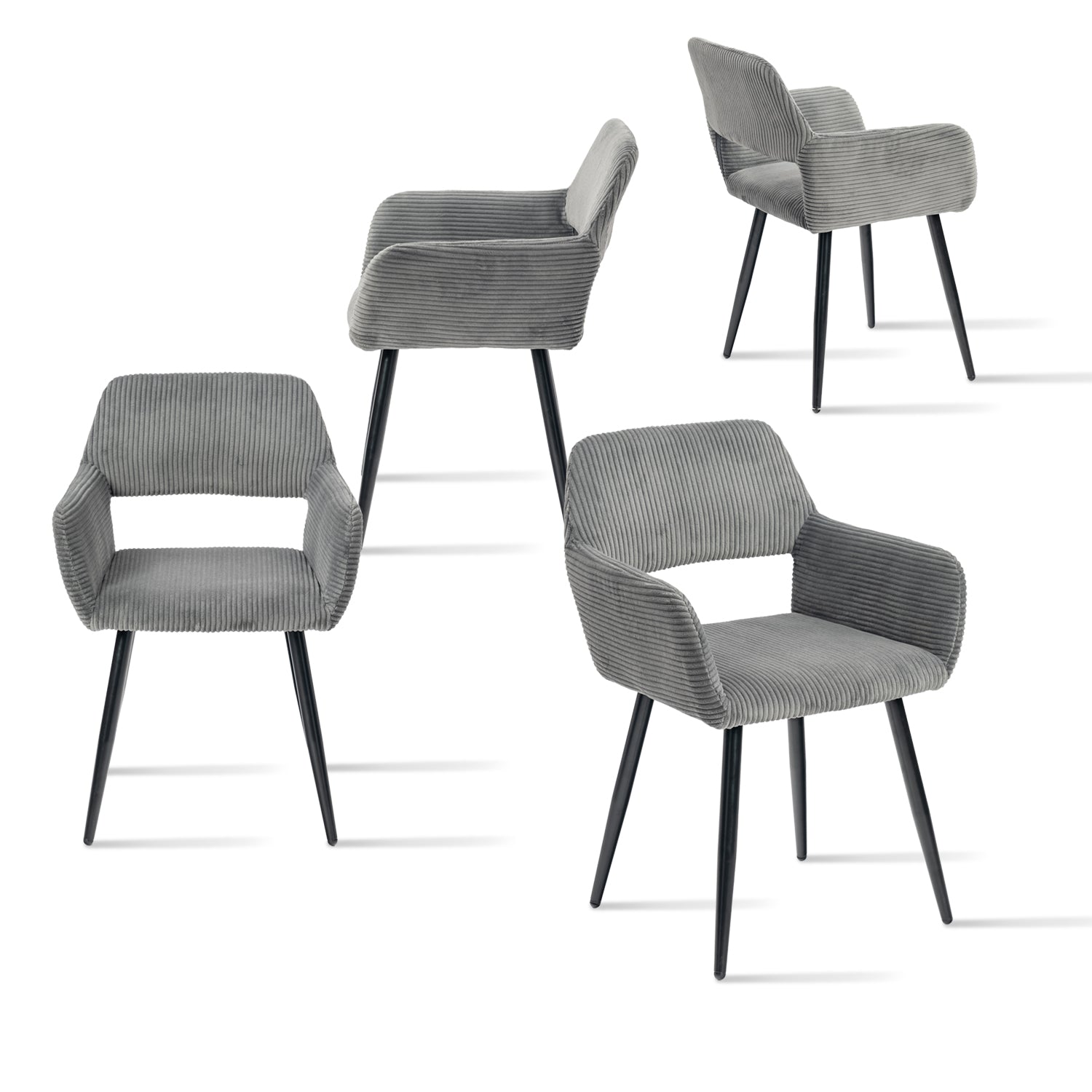 Lot de 4 fauteuils de salle à manger scandinaves avec accoudoirs en velours côtelé gris - CROMWELL CORDUROY