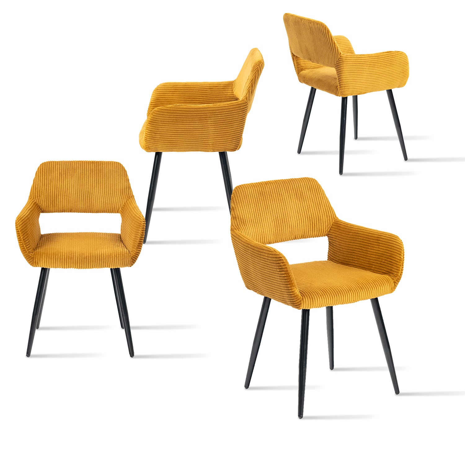 Lot de 4 fauteuils de salle à manger scandinaves avec accoudoirs en velours côtelé jaune safran - CROMWELL CORDUROY