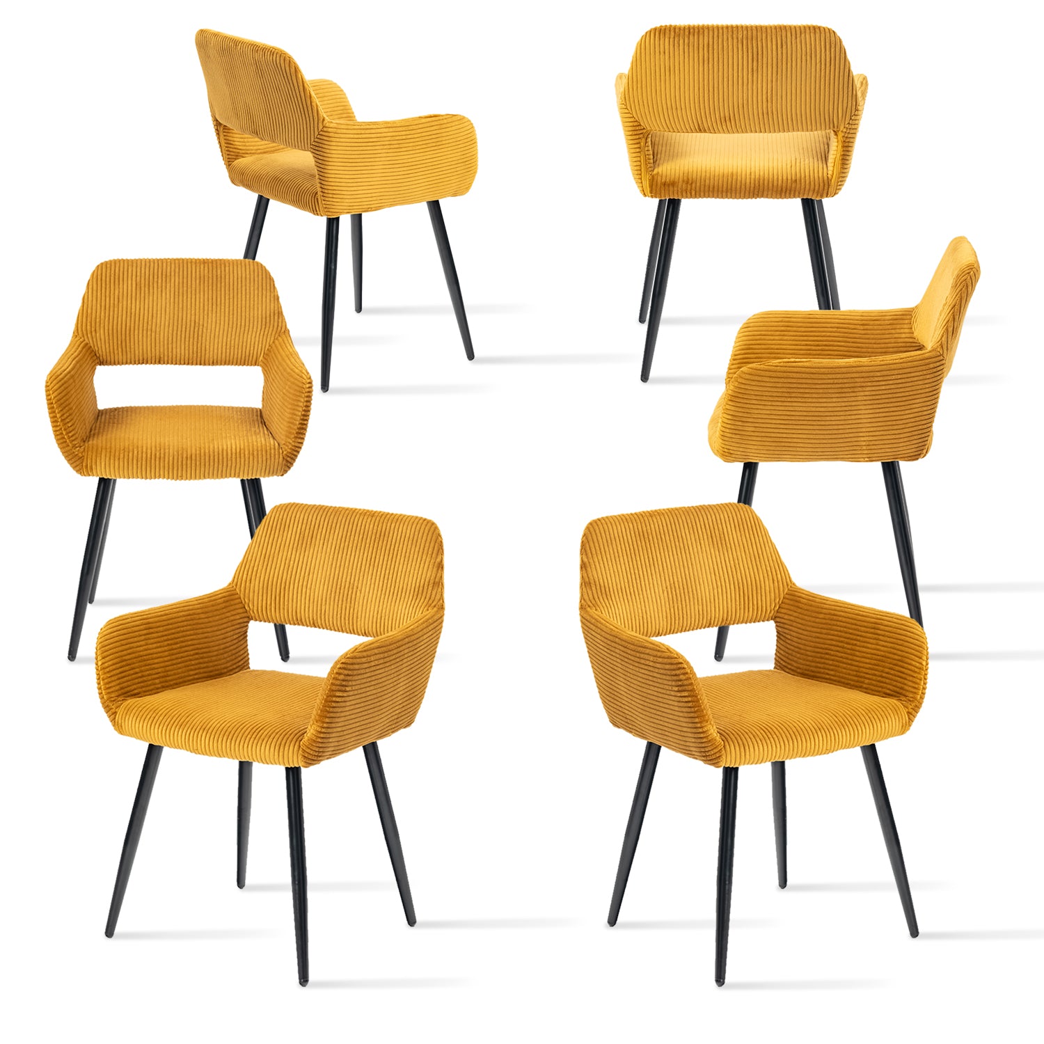 Lot de 6 fauteuils de salle à manger scandinaves avec accoudoirs en velours côtelé jaune safran - CROMWELL CORDUROY