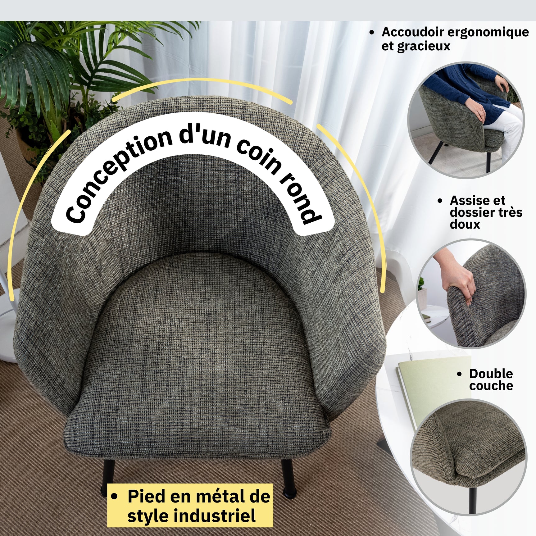 Fauteuil de détente Contemporain en tissu vert foncé, structure robuste en métal noir - DIXIER FABRIC DARK GREEN