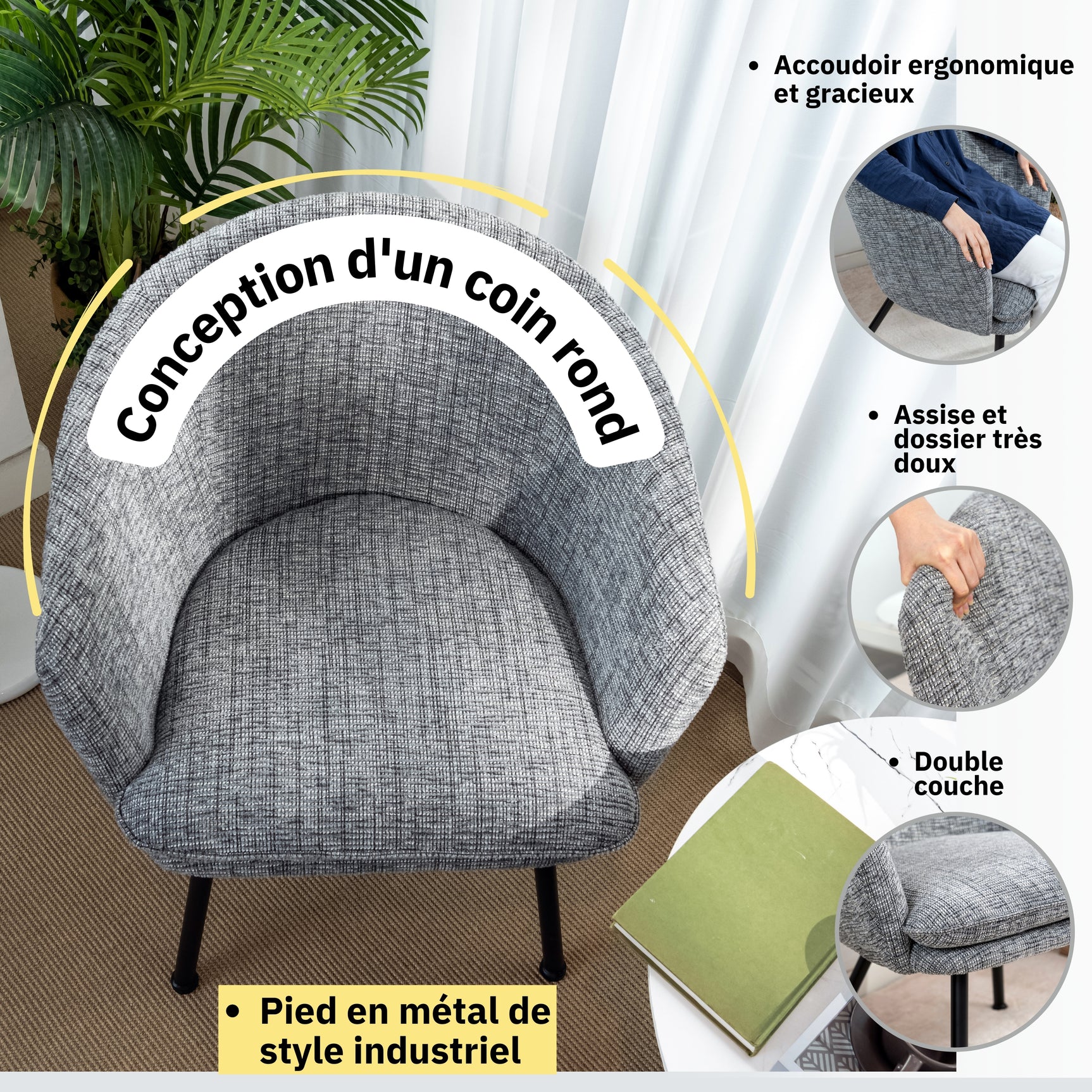 Fauteuil de détente Contemporain en tissu gris foncé, structure robuste en métal noir - DIXIER FABRIC DARK GREY