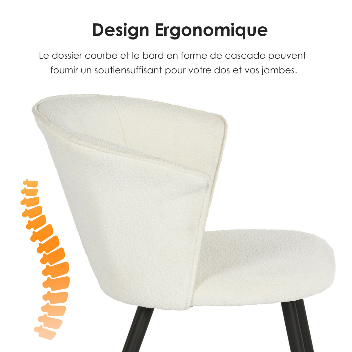 Lot de 2 chaises scandinaves de salle à manger en tissu bouclette imitation peau de mouton, pieds en métal noir - DONCIC DINING CHAIR CREAM