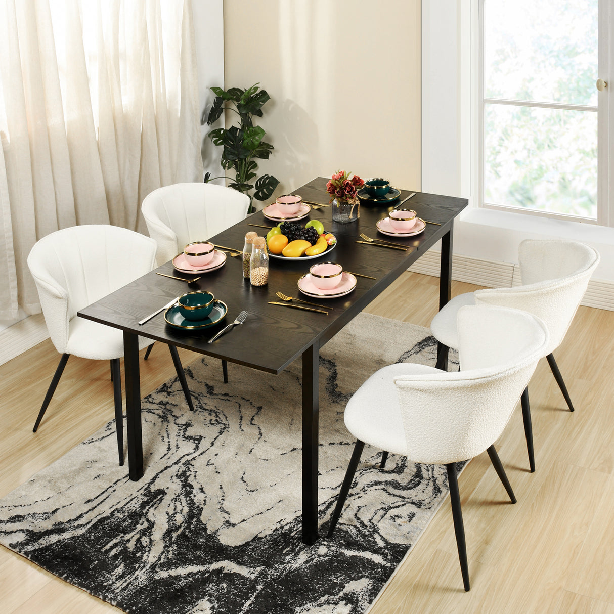 Set di 2 sedie per sala da pranzo scandinave in tessuto spugna finta pelle di pecora, gambe in metallo nero - DONCIC DINING CHAIR CREAM