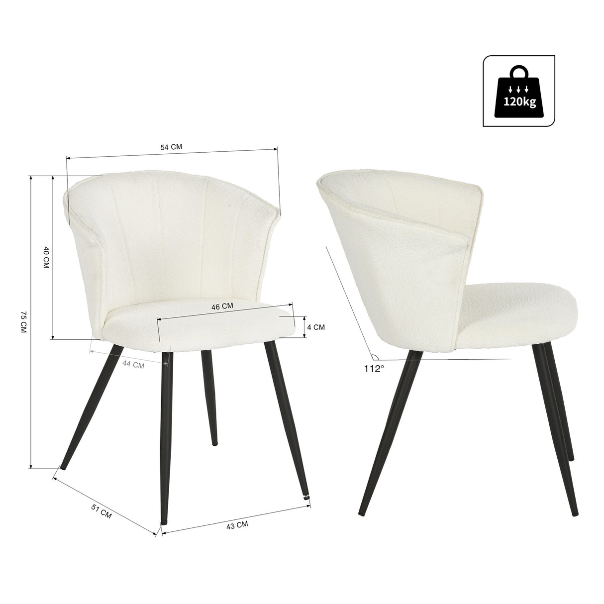 Lot de 2 chaises scandinaves de salle à manger en tissu bouclette imitation peau de mouton, pieds en métal noir - DONCIC DINING CHAIR CREAM