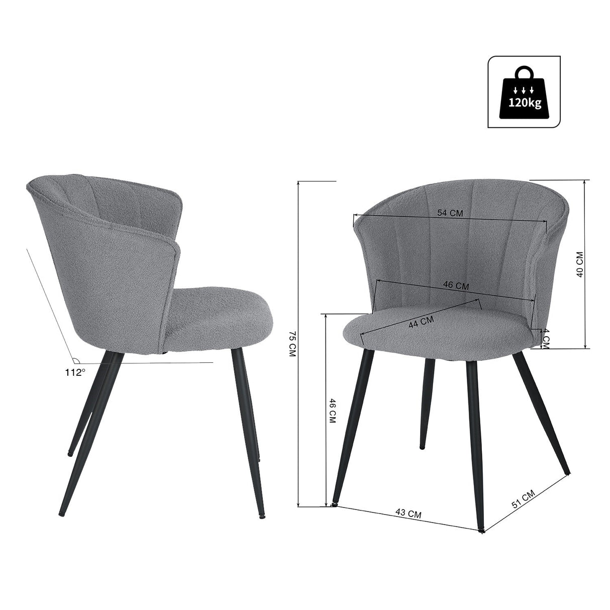 Lot de 4 chaises de salle à manger rétro en tissu bouclette gris, pieds en métal noir - DONCIC DINING CHAIR GREY 4PCS