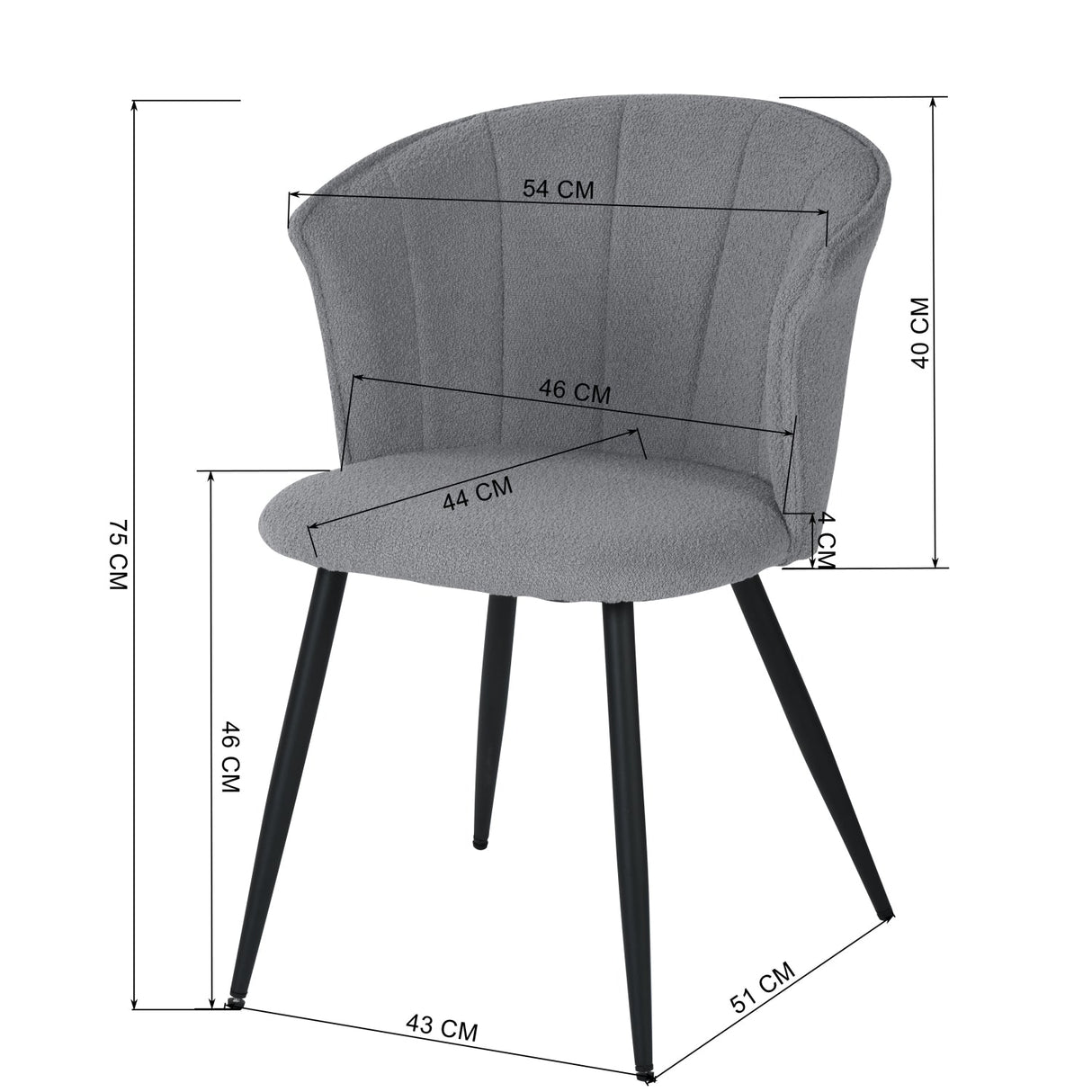 Lot de 4 chaises de salle à manger rétro en tissu bouclette gris, pieds en métal noir - DONCIC DINING CHAIR GREY 4PCS