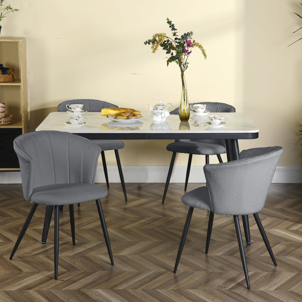 Set di 4 sedie per sala da pranzo retrò in tessuto di spugna grigio, gambe in metallo nero - DONCIC DINING CHAIR GRIGIO 4 PZ