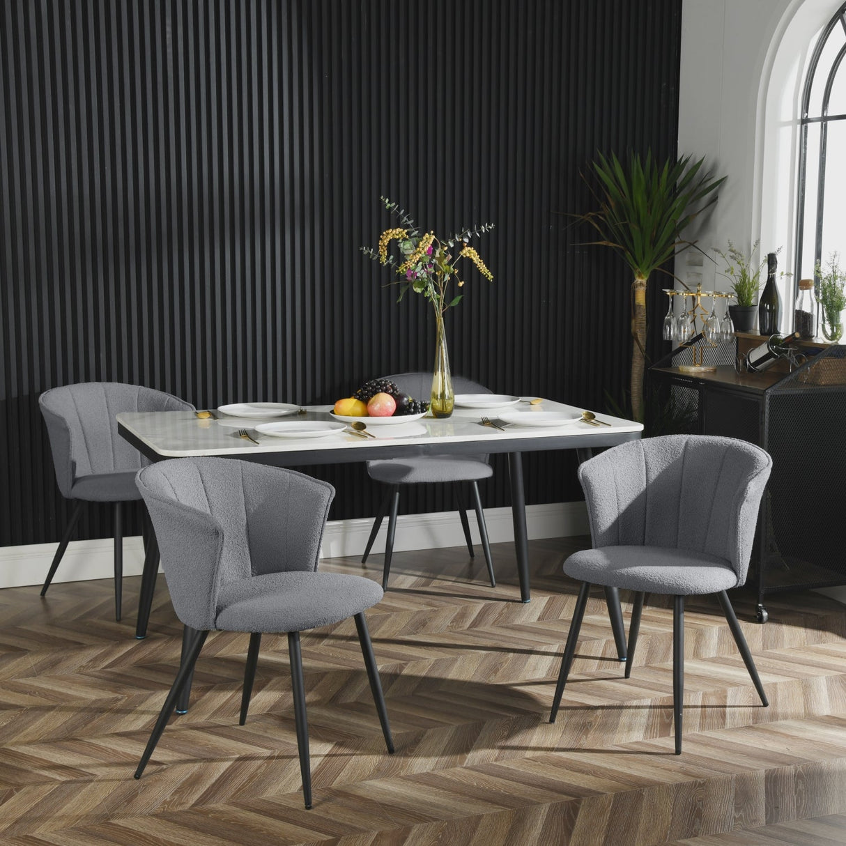 Set di 4 sedie per sala da pranzo retrò in tessuto di spugna grigio, gambe in metallo nero - DONCIC DINING CHAIR GRIGIO 4 PZ