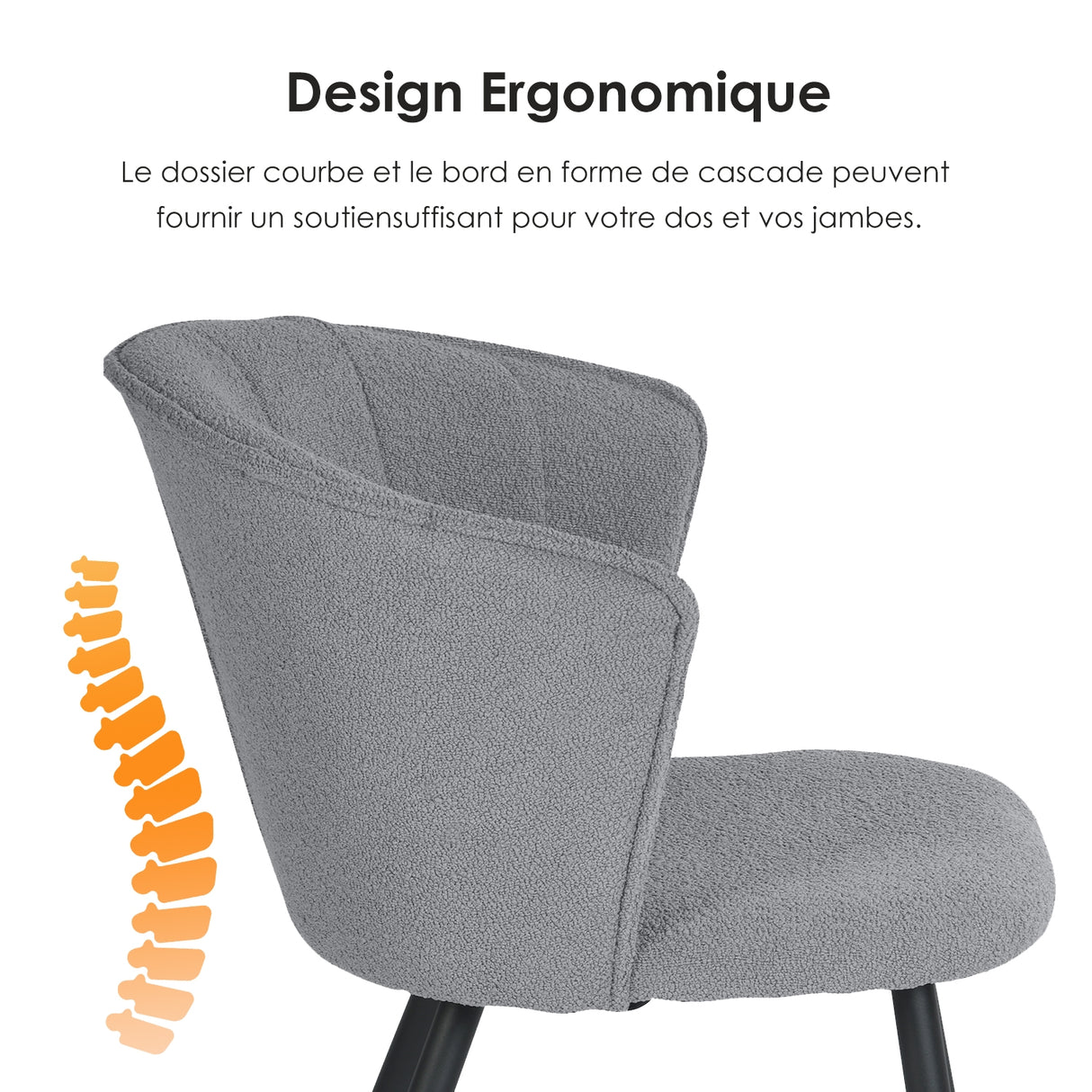 Lot de 2 chaises de salle à manger rétro en tissu bouclette gris, pieds en métal noir - DONCIC DINING CHAIR GREY