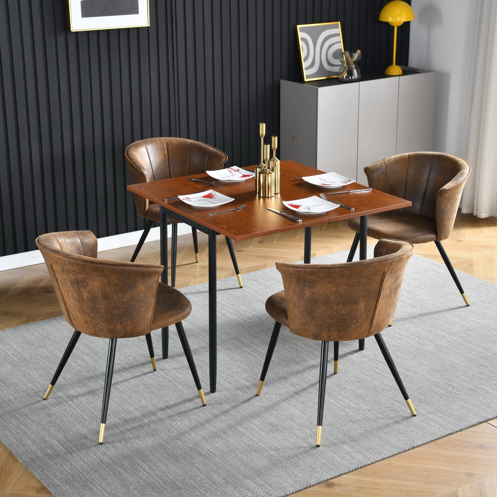 Set of 6 retro suede dining room chairs, black and gold metal legs, DONCIC SUEDE BROWN BG 6PCS