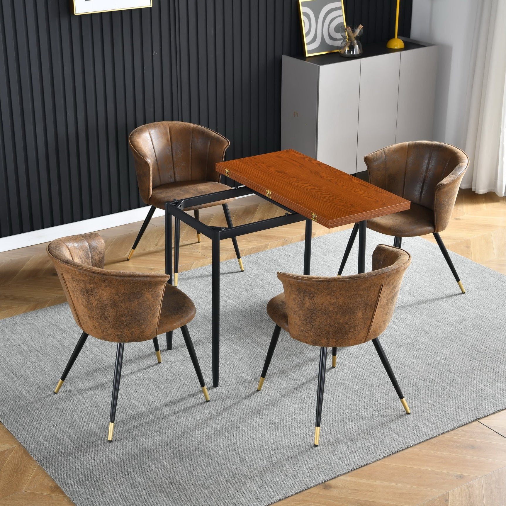 Lot de 4 chaises rétro de salle à manger en suédine, pieds en métal noir et doré, DONCIC SUEDE BROWN BG 4PCS