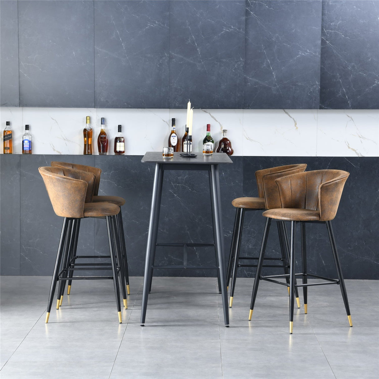 Set di 6 sgabelli da bar in stile retrò industriale e vintage, braccioli e schienale rivestiti in pelle scamosciata - DONCIC BAR CHAIR SUEDE BG 6PCS