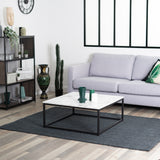 Contemporary style square coffee table, marble effect wooden tray, black metal structure - facto