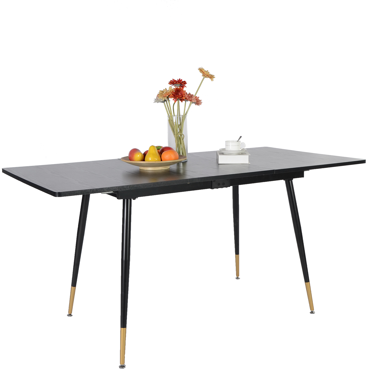 Retro industrial style dining room table, extendable in black MDF wood for 4 to 6 people, black and gold metal legs, WHALEN DARK WOOD STRETCH TABLE BG