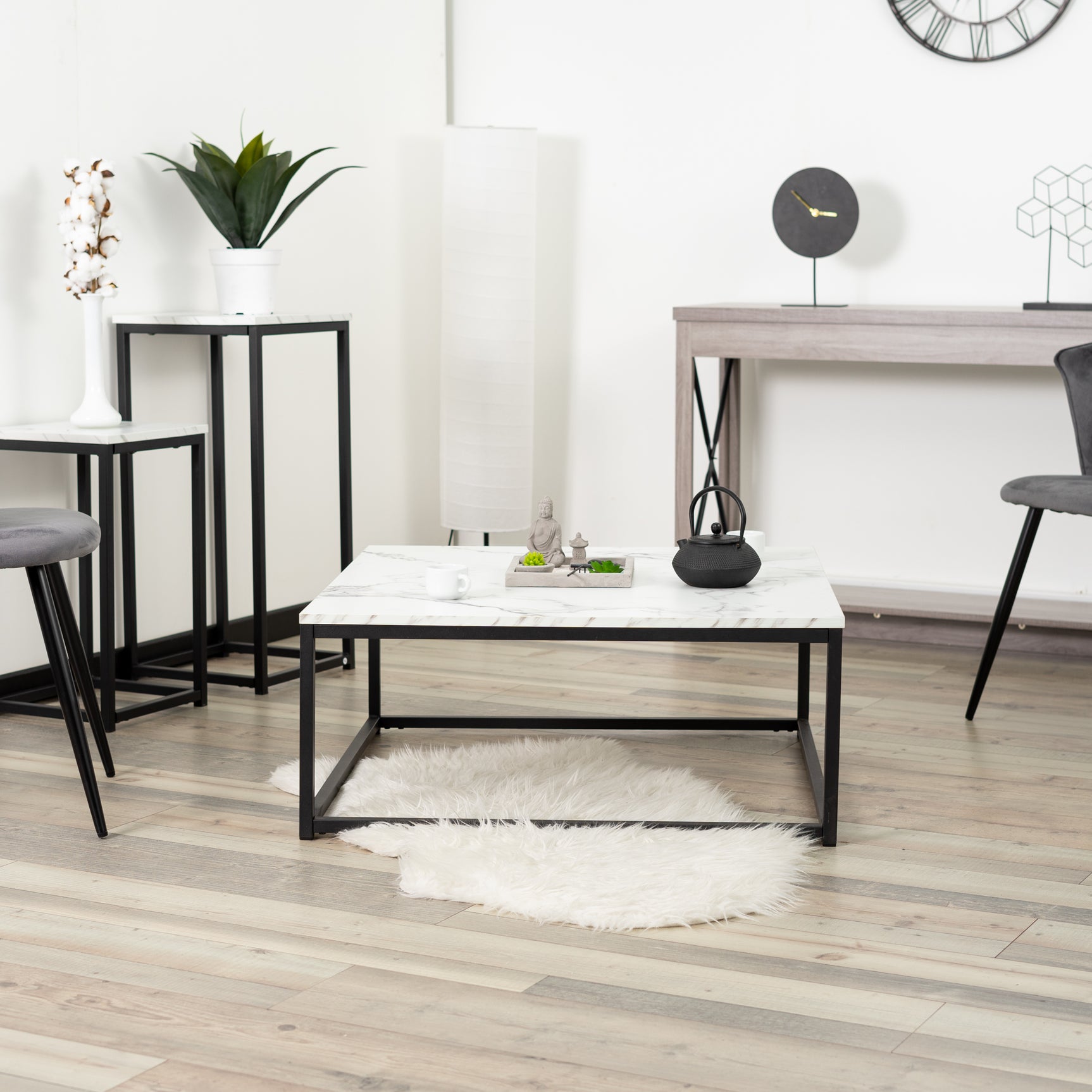 Square coffee table with industrial style, metal structure and imitation marble top - FACTO SQUARE COFFEE TABLE MARBLE