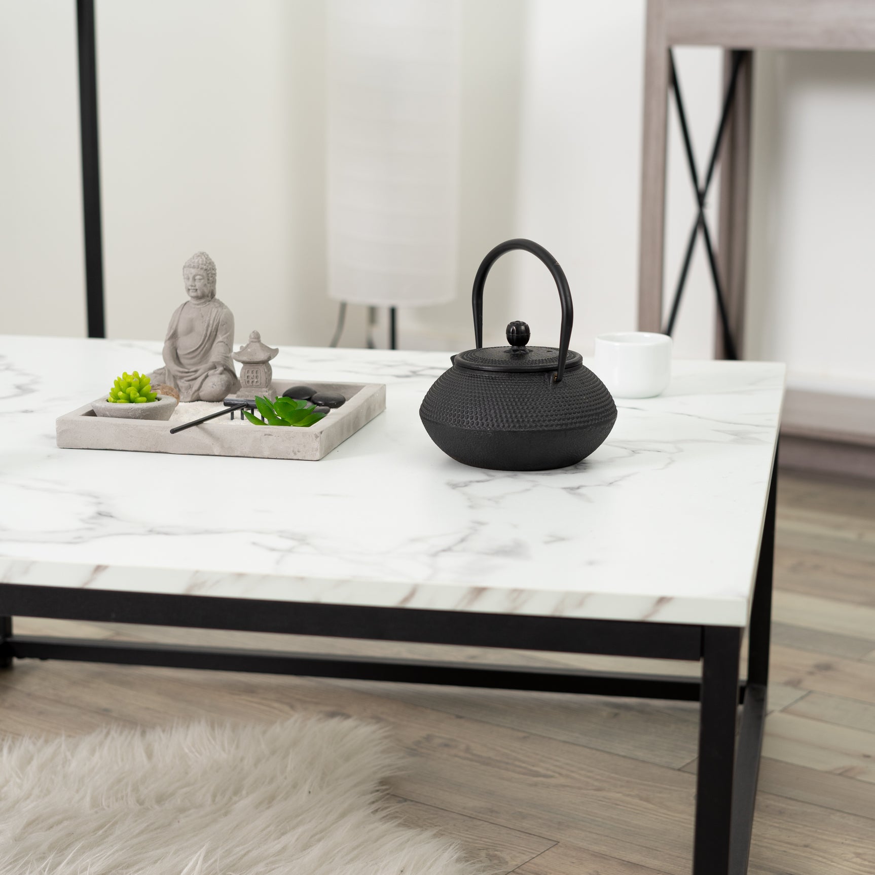 Square coffee table with industrial style, metal structure and imitation marble top - FACTO SQUARE COFFEE TABLE MARBLE