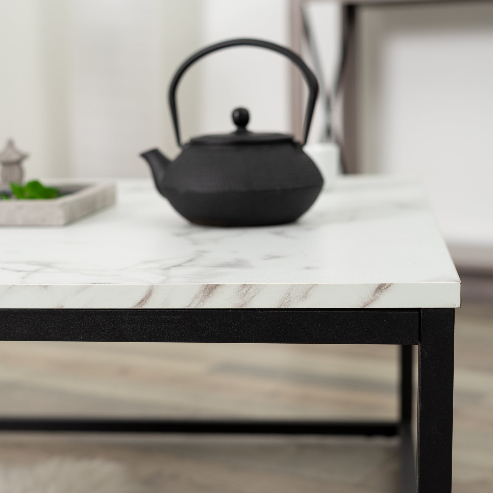 Square coffee table with industrial style, metal structure and imitation marble top - FACTO SQUARE COFFEE TABLE MARBLE