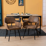 Set of 2 retro vintage dining room chairs with armrests and suede padded seat, black metal legs - CROMWELL BROWN