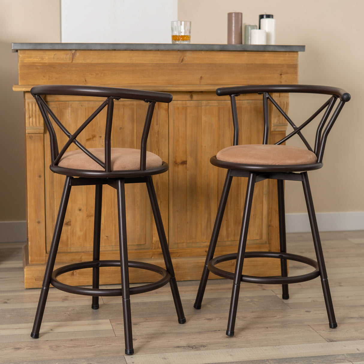 Juego de 4 taburetes de bar de cocina de estilo industrial con patas de metal negro, asiento 360° y reposapiés - HAILEY 24 INCH BROWN 4PCS