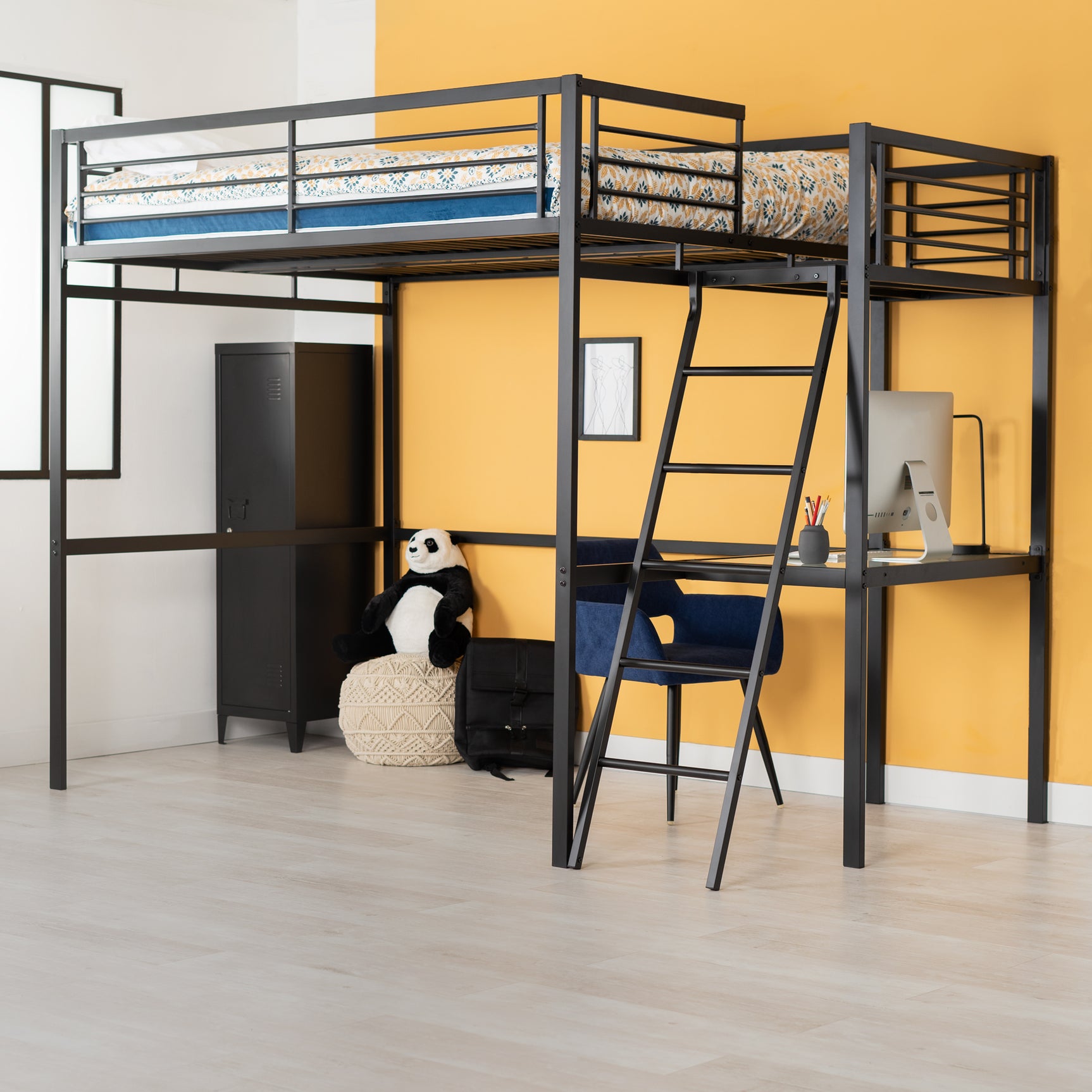 2-seater mezzanine bed in black metal with integrated desk, 140x190cm bed (mattress not included) - LIONEL