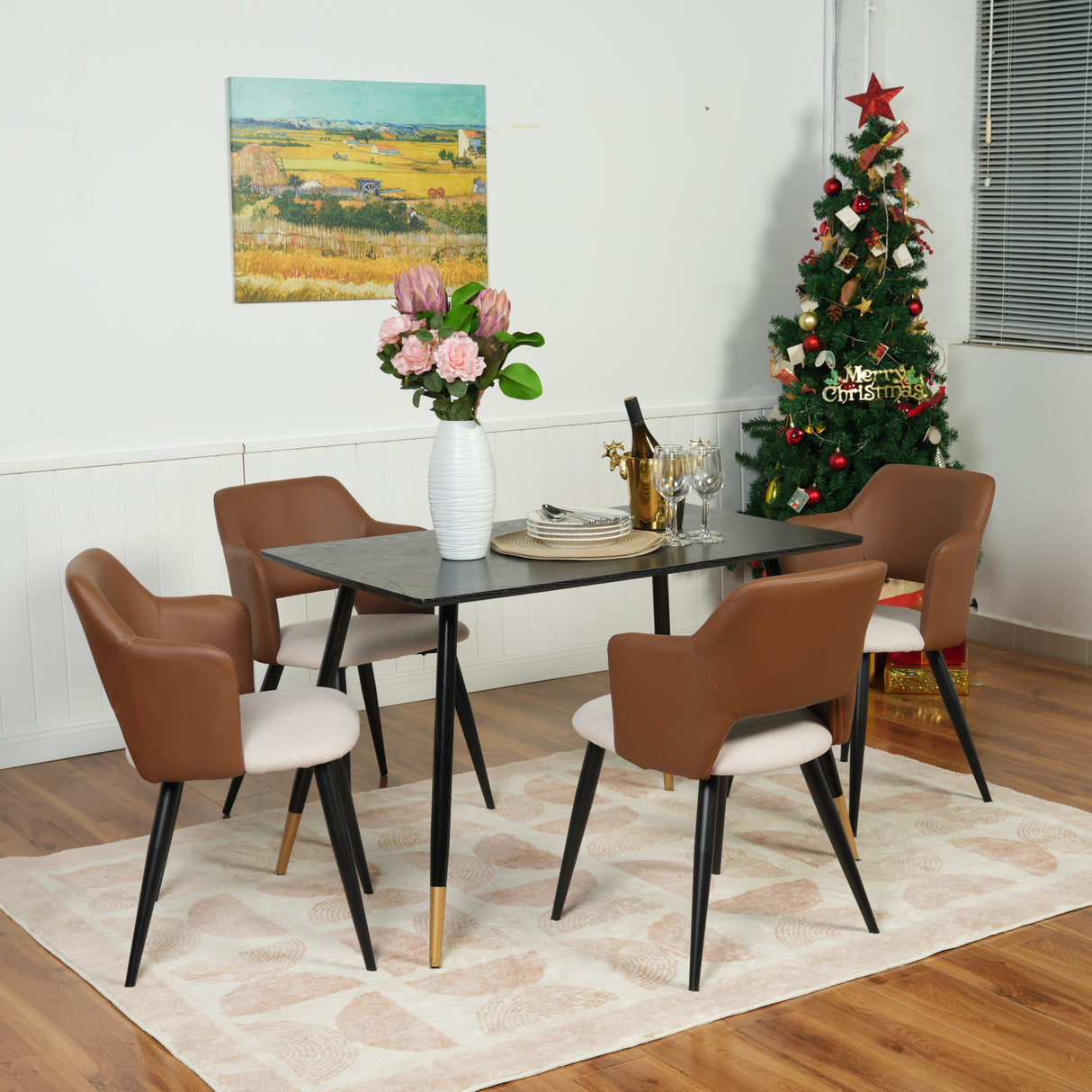 Set di 4 sedie per sala da pranzo industriali in similpelle PU marrone e tessuto beige chiaro, AKANJI PU LIGHT BEIGE 4PCS