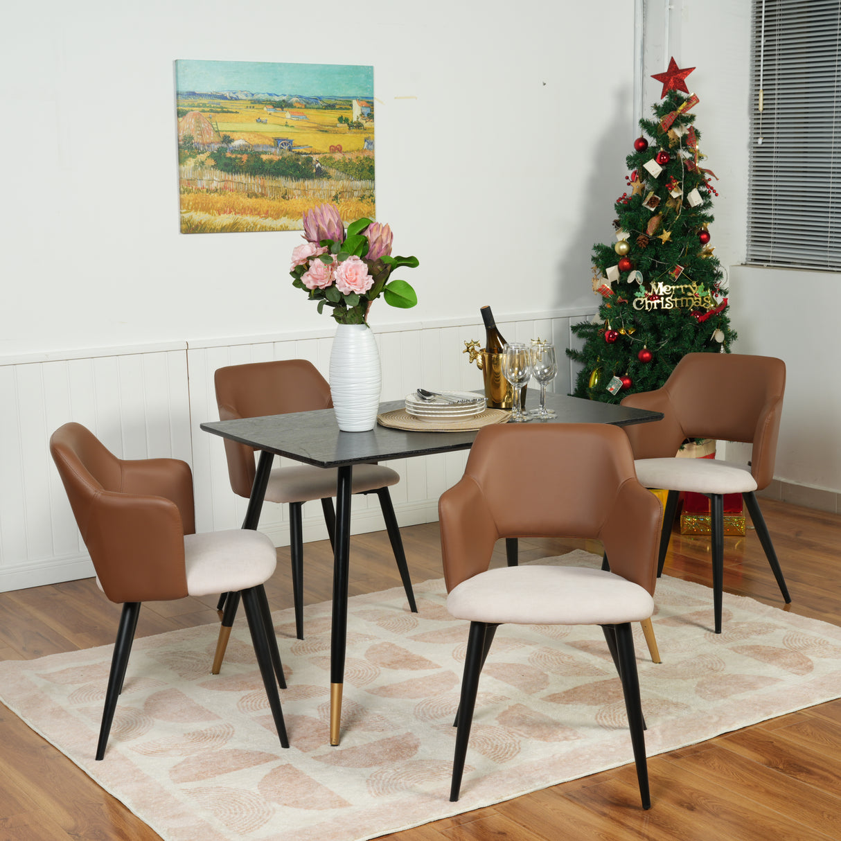 Set di 4 sedie per sala da pranzo industriali in similpelle PU marrone e tessuto beige chiaro, AKANJI PU LIGHT BEIGE 4PCS