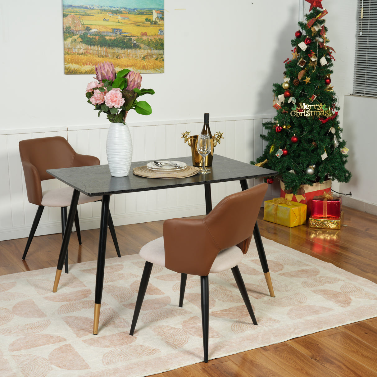 Set di 4 sedie per sala da pranzo industriali in similpelle PU marrone e tessuto beige chiaro, AKANJI PU LIGHT BEIGE 4PCS