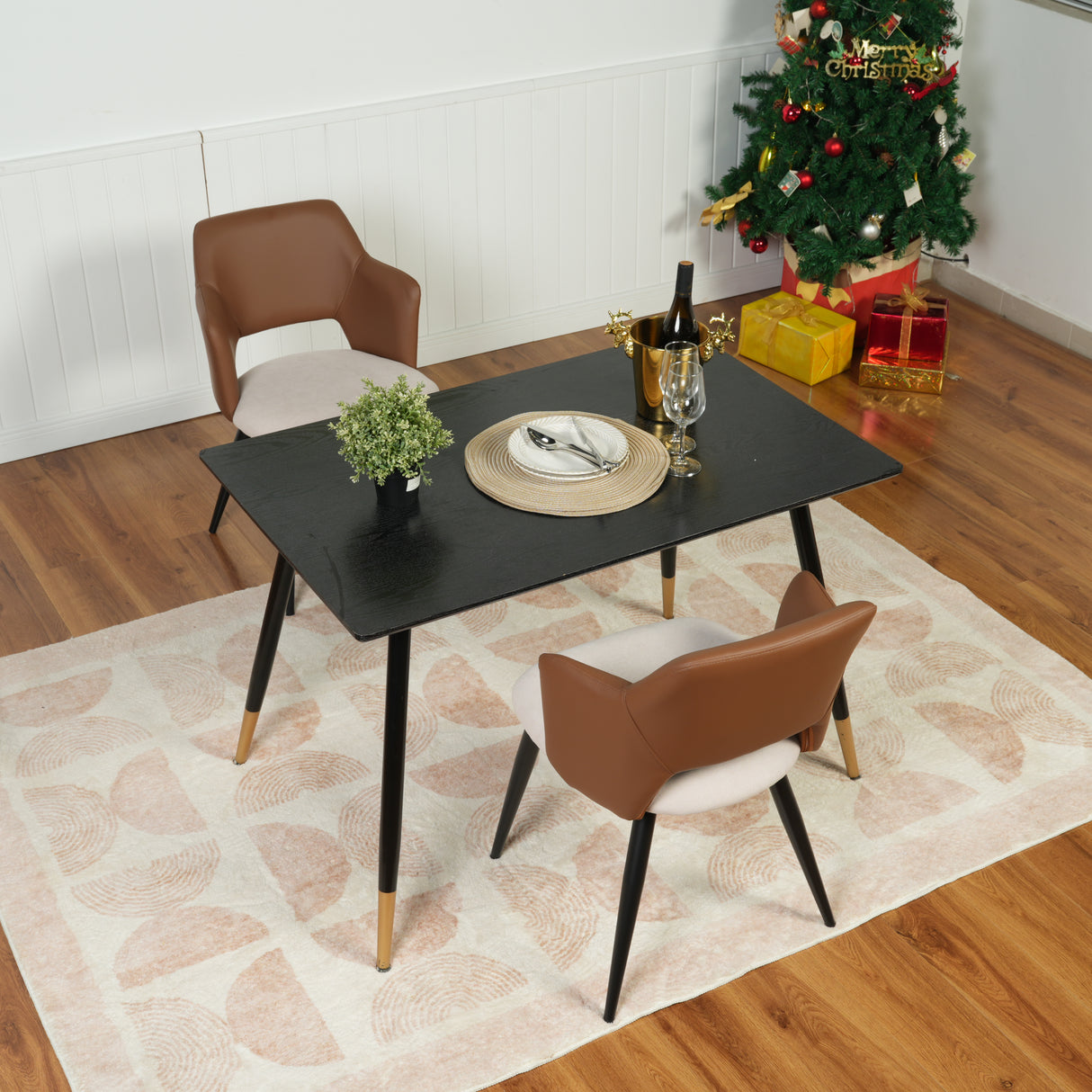 Juego de 4 sillas de comedor industriales en símil piel PU marrón y tela beige claro, AKANJI PU LIGHT BEIGE 4PCS